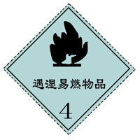底色:蓝色,下半部红色 图形:火焰(黑色 文字:黑色 标志8 遇湿易燃
